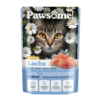 Katze Futterbeutel mit dem Gesicht einer Katze und Gänseblümchen, beschriftet "LIGHT Lachs," mit Lachs, getreidefreier Rezeptur, Taurin und ohne Zuckerzusatz.