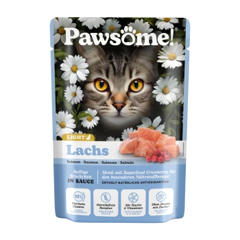 Katze Futterbeutel mit dem Gesicht einer Katze und Gänseblümchen, beschriftet "LIGHT Lachs," mit Lachs, getreidefreier Rezeptur, Taurin und ohne Zuckerzusatz.