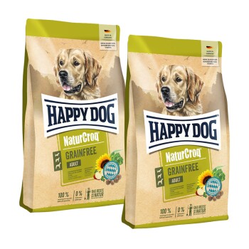 Dwa worki karmy dla psów Happy Dog NaturCroq Grainfree Adult z wizerunkiem golden retrievera i grafiką słonecznika.