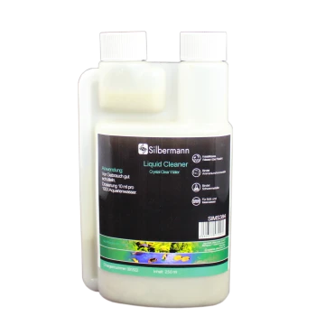 Silbermann Flüssigreiniger für Aquarien, 250 ml Flasche, mit Anwendungshinweisen und Ansprüchen auf kristallklares Wasser.
