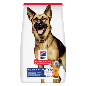 Hill's Science Plan Tüte mit lächelndem Deutschen Schäferhund; Aufschrift 'Mature Adult 6+ Large 25+ kg' und 'Chicken'.