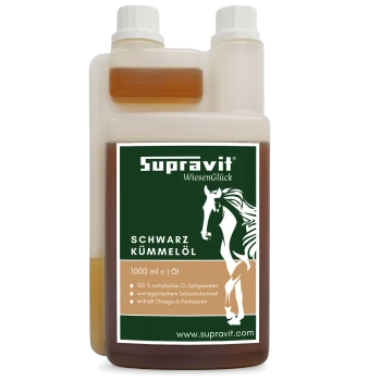 Flasche Supravit Schwarzkümmel 1000 ml Öl für Pferde, natürliche Immununterstützung und Atemwegserleichterung.