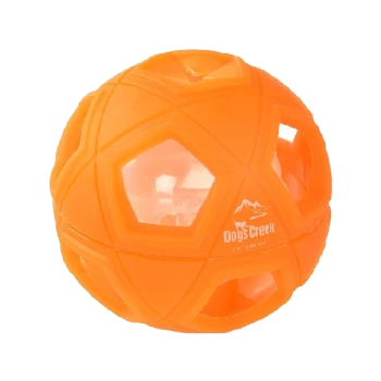Bright orange rubber dog ball with hexagonal cutouts, featuring the logo "Dogs Creek Outdoor Gear."
