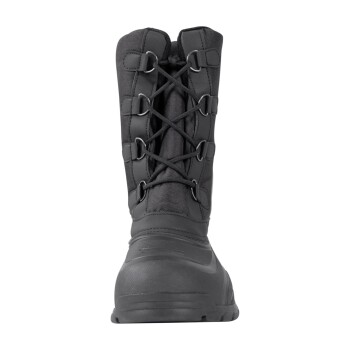 Schwarzer Schnürstiefel mit einer robusten Sohle und verstärkter Zehenkappe, von vorne betrachtet, der sein langlebiges Design zeigt.