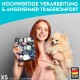 Eine Frau hält eine blumenmusterte Haustierwindel in einer Hand und einen flauschigen Pomeranian-Hund in der anderen, vor einem hellblauen Hintergrund.