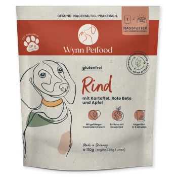 Wynn Petfood glutenfreies Hundefutterverpackung mit Rindfleisch, Kartoffeln, Rüben und Apfel. Hergestellt in Deutschland, 110g Portion.