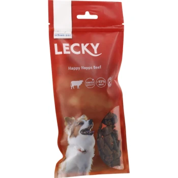 Sac de nourriture pour animaux de compagnie rouge étiqueté "LECKY Happy Happs Beef," avec un chien souriant et des icônes indiquant la qualité suisse et 93% de viande.