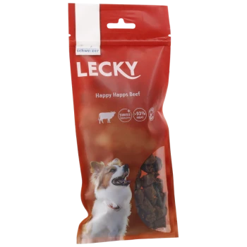 Eine rote Haustierfuttertüte mit der Aufschrift "LECKY Happy Happs Beef", mit einem lächelnden Hund und Symbolen, die Schweizer Qualität und 93% Fleischgehalt anzeigen.