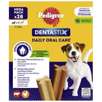 Pedigree Dentastix Daily Oral Care Megapack für Hunde 5-10 kg, reduziert Zahnstein bis zu 80 %, natürliche Inhaltsstoffe, VOHC anerkannt.