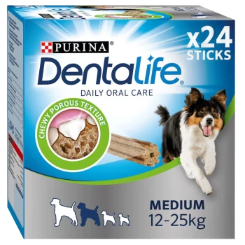 Purina Dentalife daily oral care dog treats, medium size 12-25kg, 24 sticks, chewy porous texture, with a running dog image.