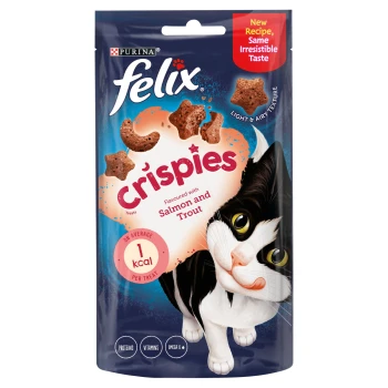 Colorful Felix Crispies cat treats packaging with a playful cat, salmon and trout flavor, 1 kcal per treat, and "New Recipe, Same Irresistible Taste."