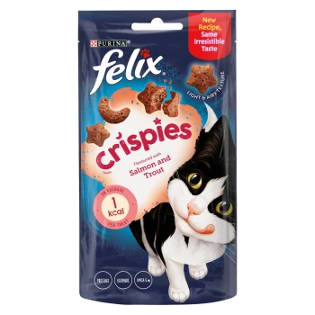 Colorful Felix Crispies cat treats packaging with a playful cat, salmon and trout flavor, 1 kcal per treat, and "New Recipe, Same Irresistible Taste."