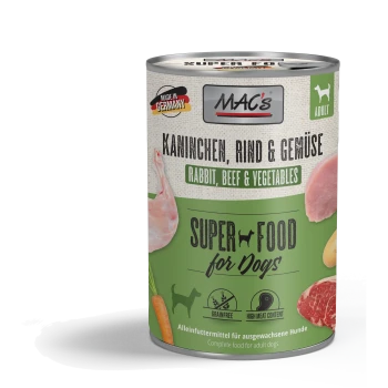 Blik MAC's Super Food voor honden met konijn, rundvlees en groenten, graanvrij, hoog vleesgehalte, gemaakt in Duitsland.