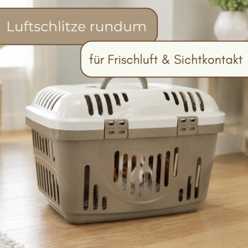 Beige-weiße Transportbox mit kleinem Hund darin; deutscher Text: 'Luftschlitze rundum' und 'für Frischluft & Sichtkontakt'.