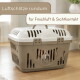 Beige-weiße Transportbox mit kleinem Hund darin; deutscher Text: 'Luftschlitze rundum' und 'für Frischluft & Sichtkontakt'.