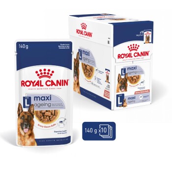 Karma dla psów Royal Canin Maxi Ageing, 140g saszetka, opakowanie 10. Na opakowaniu znajduje się owczarek niemiecki, promujący zdrowie układu pokarmowego.