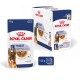 Karma dla psów Royal Canin Maxi Ageing, 140g saszetka, opakowanie 10. Na opakowaniu znajduje się owczarek niemiecki, promujący zdrowie układu pokarmowego.