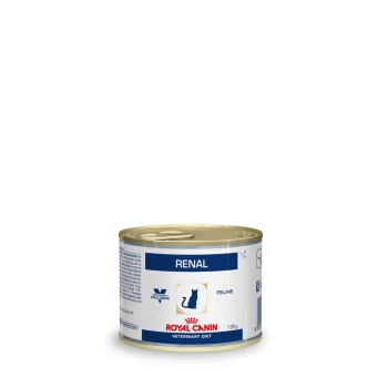Royal Canin Renal Feline Veterinary Diet Dosenfutter für Katzen, 195g, mit einem blau-weißen Etikett und einer Katzensilhouette.