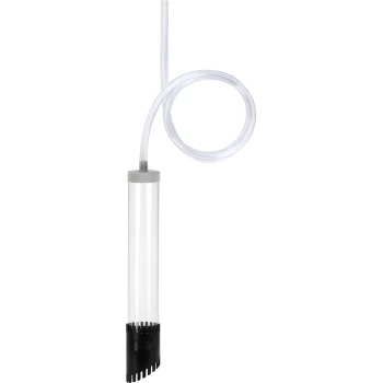 Klarer Aquariumsiphon mit schwarzem Sockel und transparentem Schlauch, entworfen für Wasserwechsel und Reinigung von Fischbecken.