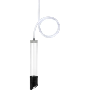 Siphon d'aquarium transparent avec une base noire et un tube transparent, conçu pour les changements d'eau et le nettoyage des aquariums.