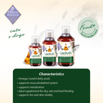 Lachsröl Ergänzung für Katzen und Hunde, drei Flaschen mit Omega 3 und 6, die die Haut- und Fellgesundheit fördern.