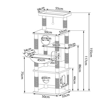 Katzenspielbaumdiagramm mit in Zentimetern beschrifteten Abmessungen, mit mehreren Ebenen, Kratzpfosten und einem hängenden Spielzeug.