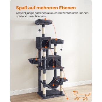 Katzenbaum für bis zu 6 Katzen (max 7 kg), 199 cm hoch, 109 cm lang, 76,2 cm breit, mit Plattformen und einer Hängematte.
