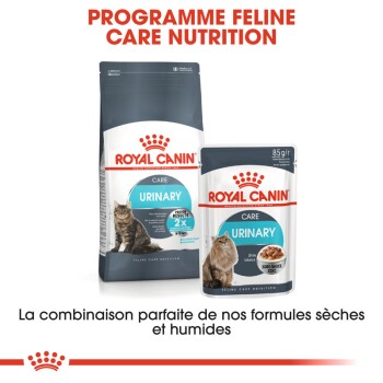Produits Royal Canin Feline Care Nutrition pour la santé urinaire, présentant un sac de nourriture sèche et un sachet de nourriture humide, avec un texte mettant en avant leurs avantages.