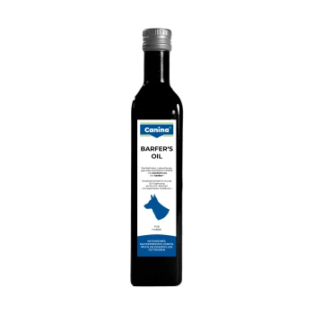 Barfer's Oil Hanföl 500ml Schwarze Flasche mit Canina Barfer's Oil für Hunde, mit einem blauen Etikett, das Informationen über Gesundheitsvorteile und essentielle Fettsäuren enthält.