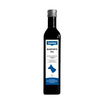 Schwarze Flasche mit Canina Barfer's Oil für Hunde, mit einem blauen Etikett, das Informationen über Gesundheitsvorteile und essentielle Fettsäuren enthält.