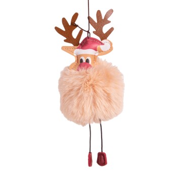 Flauschiges Rentier-Haustierspielzeug mit einer roten Nase, das einen Weihnachtsmannhut und braune Geweih trägt, hängt an einem Faden.