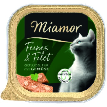 Miamor-Katzenfutter-Schale mit der Aufschrift ‚Feines & Filet, Geflügel pur mit Gemüse‘, zeigt eine weiße Katze und Fleischstücke.