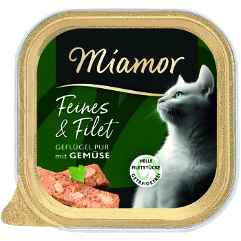 Miamor-Katzenfutter-Schale mit der Aufschrift ‚Feines & Filet, Geflügel pur mit Gemüse‘, zeigt eine weiße Katze und Fleischstücke.