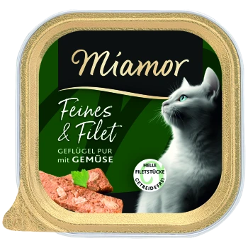 Miamor-Katzenfutter-Schale mit der Aufschrift ‚Feines & Filet, Geflügel pur mit Gemüse‘, zeigt eine weiße Katze und Fleischstücke.