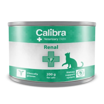 Calibra Veterinary Diets Renal Katzenfutterdose, 200 g, mit einem grünen Design und einer Katzensilhouette, und Text, der auf das Nierensupport-System hinweist.