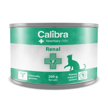 Calibra Veterinary Diets Renal Katzenfutterdose, 200 g, mit einem grünen Design und einer Katzensilhouette, und Text, der auf das Nierensupport-System hinweist.
