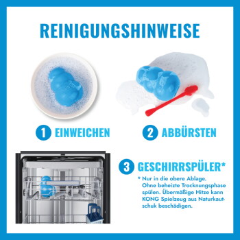 REINIGUNGSHINWEISE: blaues KONG-Spielzeug eingeweicht, gebürstet, Geschirrspüler; Text: 'Einweichen, Abbürsten, Geschirrspüler'