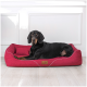 Ein schwarzer Hund mit braunen Abzeichen liegt bequem auf einem roten Haustierbett mit einem kleinen Kissen, vor einem hellen Holzboden und einer weißen Wand.