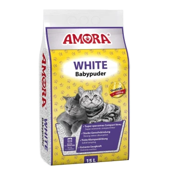 AMORA WHITE Babypuder Katzenstreu 15L Sack, zwei Katzen auf gelbem Pfotenmuster-Hintergrund, Qualitätssiegel