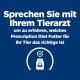Blauer Hintergrund mit weißem Text: "Konsultieren Sie Ihren Tierarzt für die richtige Prescription Diet für Ihr Haustier." Enthält ein Häkchen-Symbol und einen Haustierfutterbehälter.