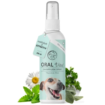 Ein 200 ml ORAL Vital Zahnpflegespray für Hunde mit einem hellblauen Etikett, umgeben von frischen Kräutern und Blumen.