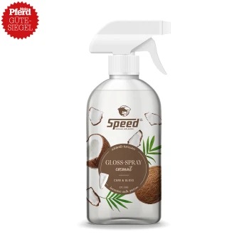 Glanzsprayflasche mit der Aufschrift "Speed Gloss-Spray Coconut" mit Kokosnussbildern, ausgestattet mit einem Sprühkopf und einem roten Siegel mit der Aufschrift "Mein Pferd Gütesiegel."