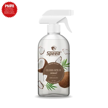 Glanzsprayflasche mit der Aufschrift "Speed Gloss-Spray Coconut" mit Kokosnussbildern, ausgestattet mit einem Sprühkopf und einem roten Siegel mit der Aufschrift "Mein Pferd Gütesiegel."