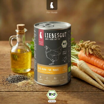Dose LIEBESGUT Hundefutter (Bio-Huhn für Hunde) auf Holztisch mit Ölflasche, Karotten, Pastinaken und Samen, BIO-Logo.