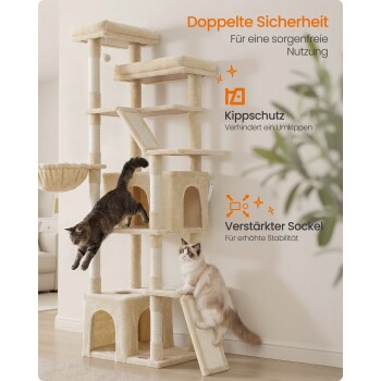 Beiger mehrstufiger Kratzbaum mit zwei Katzen; deutscher Text: 'Doppelte Sicherheit', 'Kippschutz', 'Verstärkter Sockel'