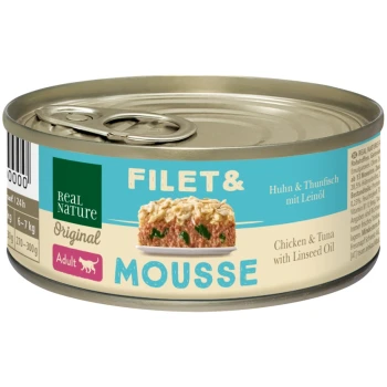 Dosenfutter für Haustiere mit der Aufschrift "Real Nature Original Filet & Mousse," mit Huhn und Thunfisch in Leinsamenöl, geeignet für erwachsene Katzen.