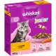 Whiskas Junior Katzenfutterverpackung mit einem verspielten grauen Kätzchen, mit Text, der "Mit saftigem Huhn" und "800 g" hervorhebt.