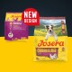 Josera Hundefutterbeutel, Miniwell Adult in Lila und Chicken & Rice Dental Adult Mini in Gelb, mit „NEUES DESIGN“-Label.