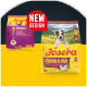 Josera Hundefutterbeutel, Miniwell Adult in Lila und Chicken & Rice Dental Adult Mini in Gelb, mit „NEUES DESIGN“-Label.