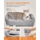 Ein gemütliches graues Katzenbett mit einer Katze, die darin liegt, mit Informationen über seine Größe (49 x 32 cm), Modell (Jin) und einfache Reinigungsanweisungen.